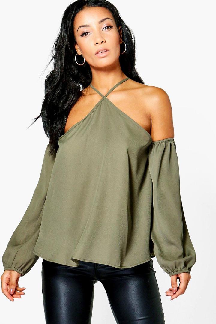 Boohoo April Woven Tie Neck Cold Shoulder Top Khaki