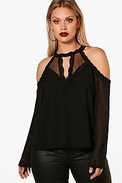 Boohoo Plus Emily Cold Shoulder Lace Trim Woven Top