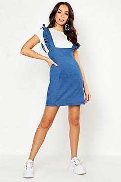 Boohoo Ruffle Detail Denim Pinafore