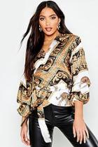 Boohoo Satin Scarf Print Ruched Sleeve Crop Top