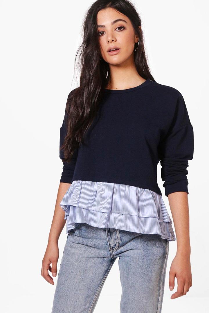 Boohoo Zoe Stripe Frill Hem Sweat Navy