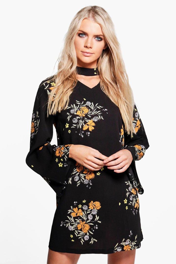 Boohoo Aditi Floral Print Choker A-line Shift Dress Black