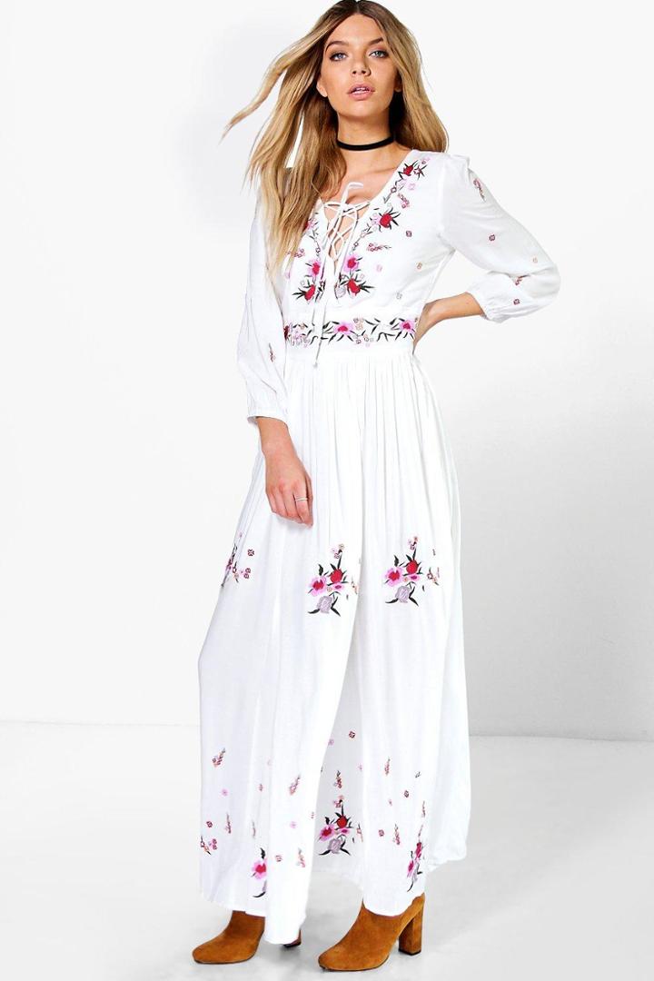 Boohoo Boutique Lily Embroidered Maxi Dress White