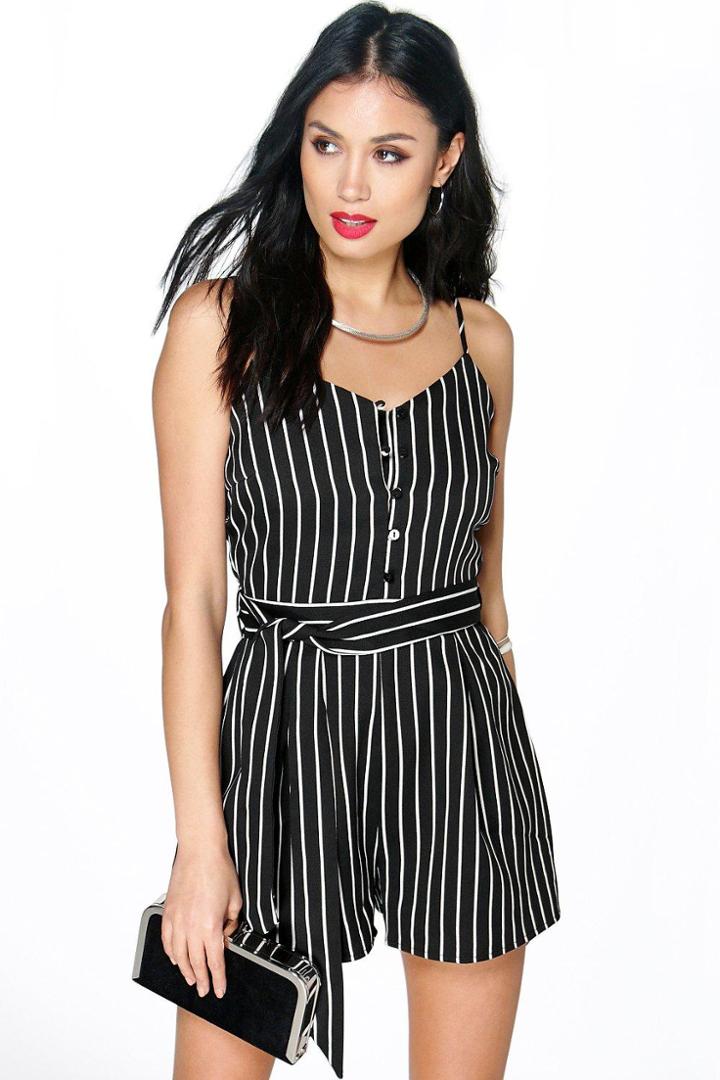 Boohoo Zora Striped Cami Playsuit Black