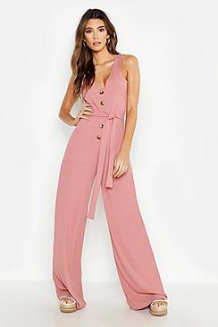 Boohoo Mock Horn Button Rib Tie Belt Pocket Jumpsuit