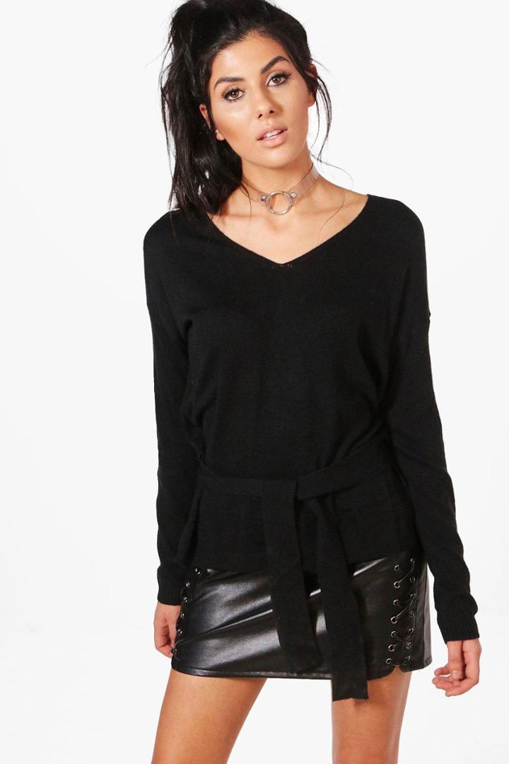 Boohoo Maisie Tie Waist Fine Knit Jumper Black