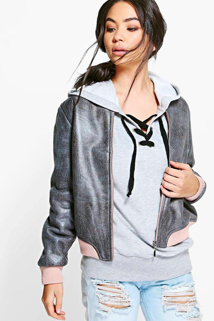 Boohoo Emma Boutique Pu Bomber Jacket Grey