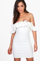 Boohoo Cassie Frill Off Shoulder Bodycon Dress Ivory
