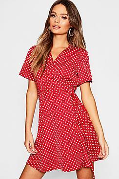 Boohoo Polka Dot Wrap Skater Dress