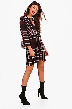 Boohoo Penny Checked Tie Waist Woven Dress