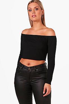 Boohoo Plus Nadia Rib Off The Shoulder Crop Top