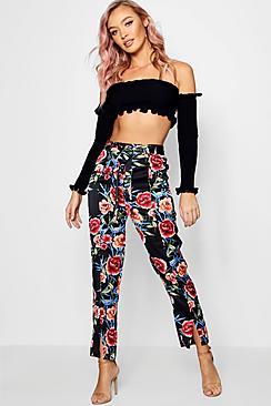 Boohoo Emma Woven Floral Split Tie Waist Trouser