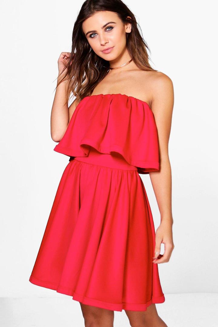 Boohoo Posie Bandeau Double Layer Skater Dress Red