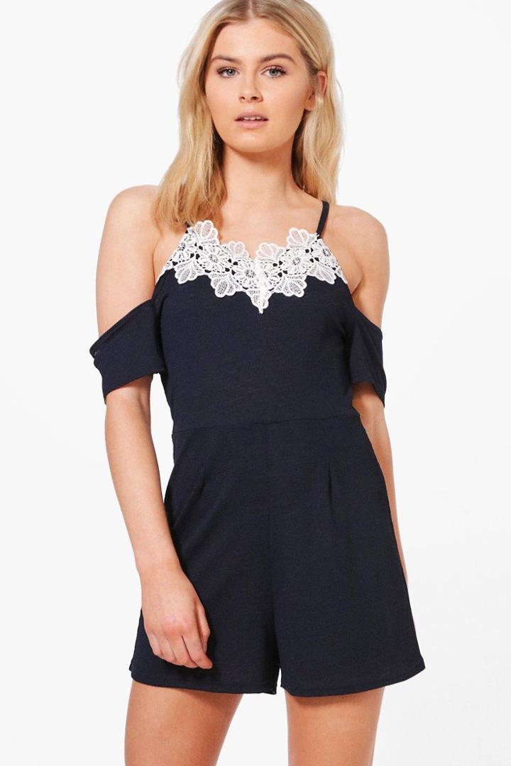 Boohoo Bryony Crochet Trim Open Shoulder Playsuit Navy
