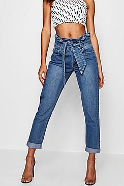 Boohoo Ruffle High Rise Belt Detail Boyfriend Jean