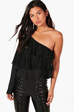 Boohoo Ruffle Lace One Shoulder Top