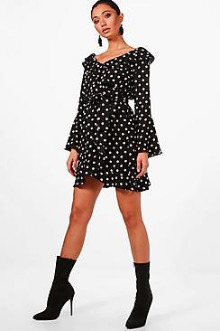 Boohoo Ami Ruffle Off The Shoulder Tea Dress