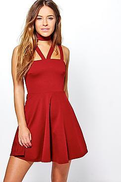 Boohoo Petite Eliza Strappy Choker Skater Dress