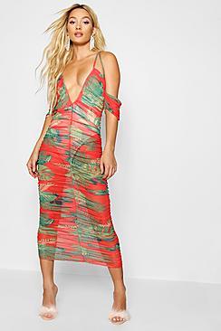 Boohoo Paris Hilton Mesh Palm Print Ruched Midi Dress