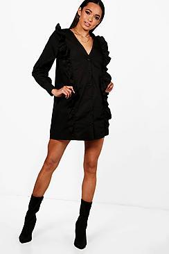 Boohoo Amanda Ruffle Front V Neck Shift Dress