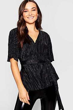 Boohoo Plisse Satin Tie Detail Top