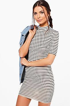 Boohoo Petite Victoria Turtle Neck Stripe Dress