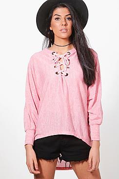 Boohoo Cara Lace Up Batwing Jumper