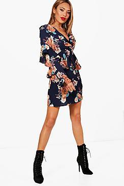 Boohoo Ruffle Detail Floral Woven Tea Dress