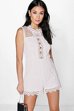 Boohoo Boutique Alice High Neck Crochet Playsuit