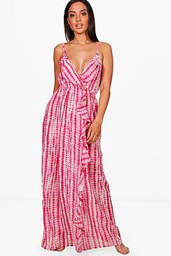 Boohoo Lilly Tie Dye Frill Maxi Beach Dress