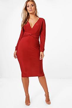 Boohoo Plus Kelly Slinky Knot Blouson Sleeve Midi Dress