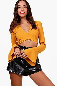 Boohoo Alice Tie Front Ruffle Sleeve Top