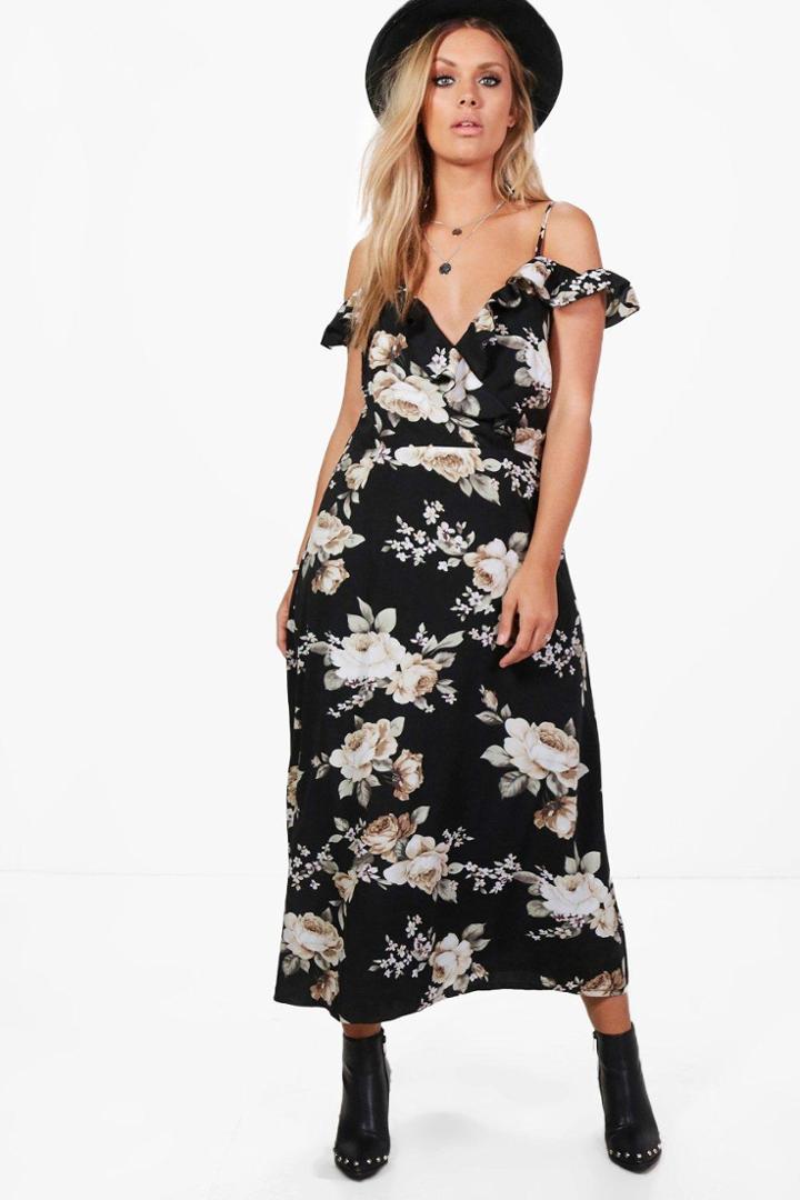 Boohoo Plus Vicki Open Shoulder Ruffle Detail Wrap Dress Black