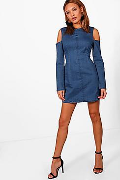 Boohoo Cold Shoulder Bodycon Denim Dress