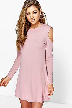 Boohoo Neve Cold Shoulder Rib Knit Swing Dress