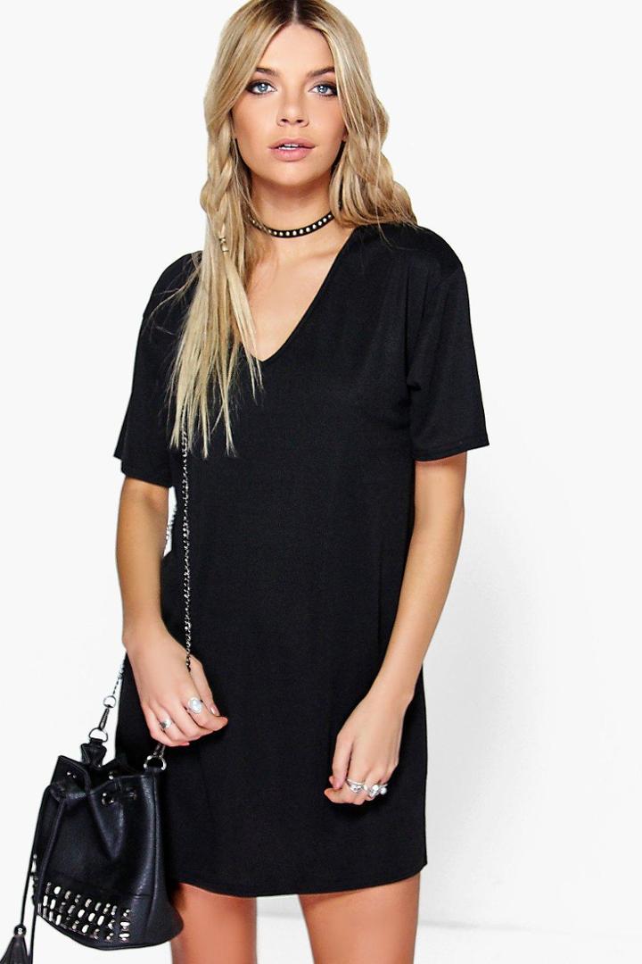 Boohoo Janie Mini V Neck Ribbed Dress Black