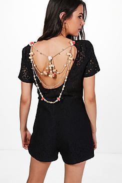 Boohoo Kate Lace Pom Pom Trim Back Playsuit