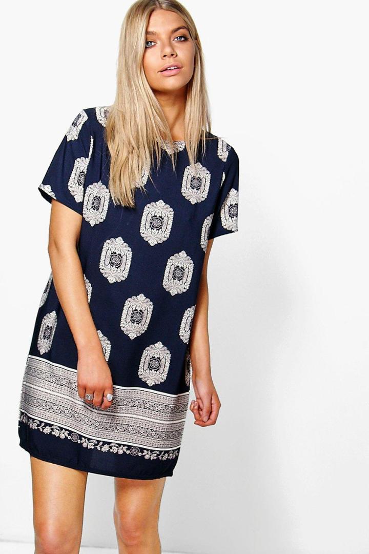 Boohoo Edie Cap Sleeved Border Print Shift Dress Navy