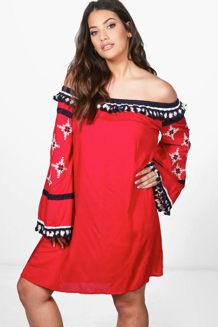 Boohoo Plus Tia Boutique Off Shoulder Tassle Shift Dress Red