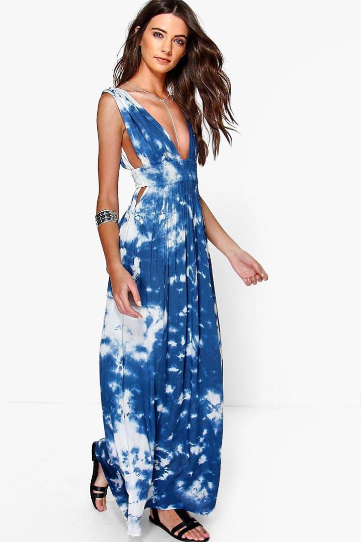 Boohoo Aaradhya Tie Dye Elastic Waist Maxi Dress Blue