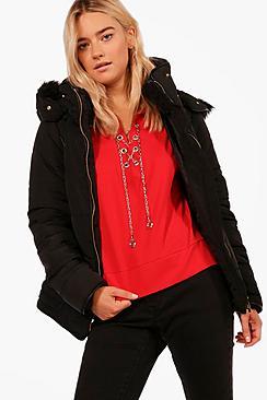 Boohoo Gabriella Fitted Padded Jacket With Faux Fur Hood