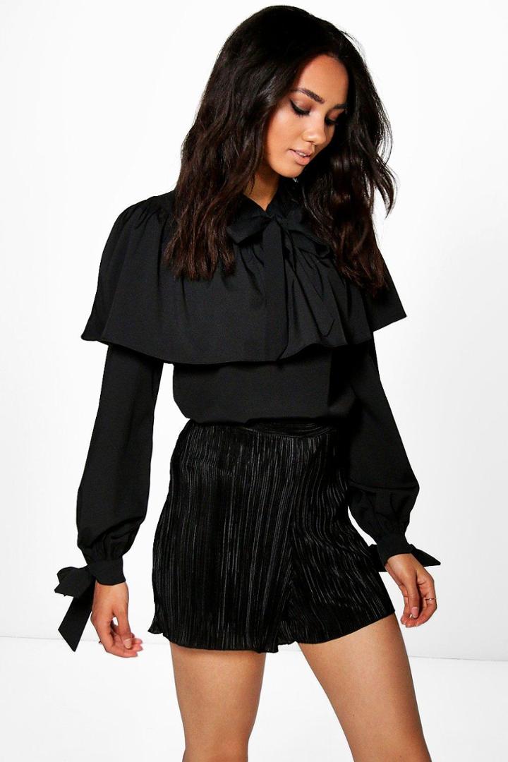Boohoo Petite Melanie Tie Neck Ruffle Blouse Black