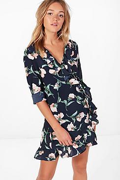 Boohoo Annabel Floral Print Ruffle Tea Dress