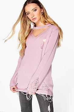 Boohoo Esme Distressed Choker Jumper