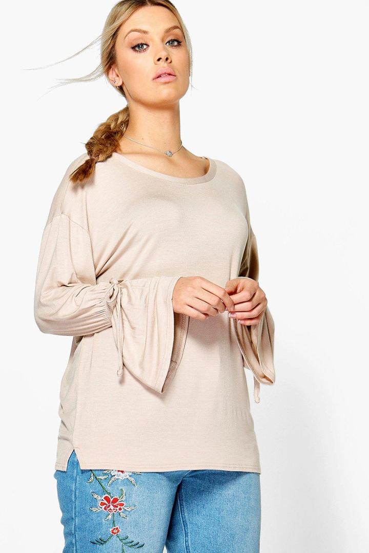 Boohoo Plus Bella Cuff Detail Basic Tee Stone