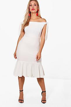 Boohoo Plus Tie Sleeve Off Shoulder Peplum Midi Dress