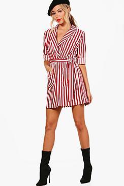 Boohoo Larissa Stripe Wrap Front Midi Shirt Dress