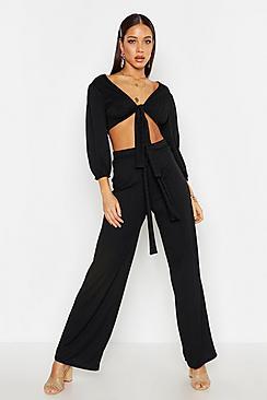 Boohoo Plaited Rib Belted Wide Leg Trouser