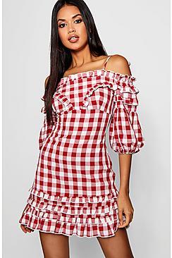 Boohoo Ruffle Front Off The Shoulder Gingham Mini Dress