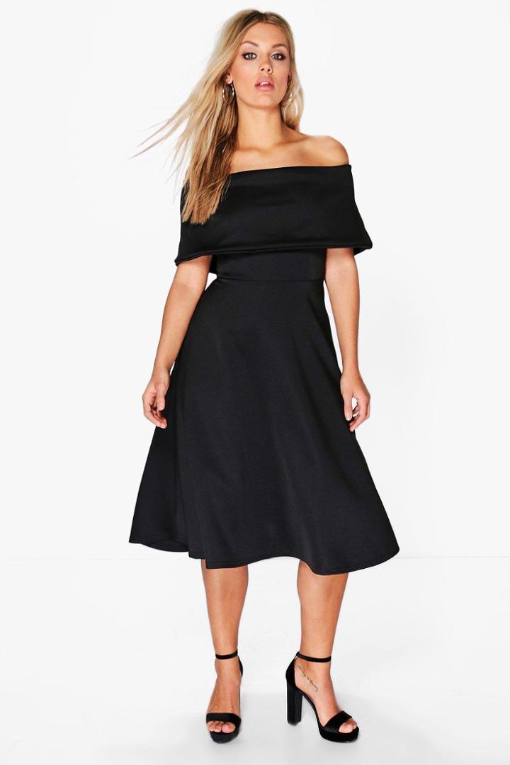 Boohoo Plus Anna Off The Shoulder Midi Skater Dress Black